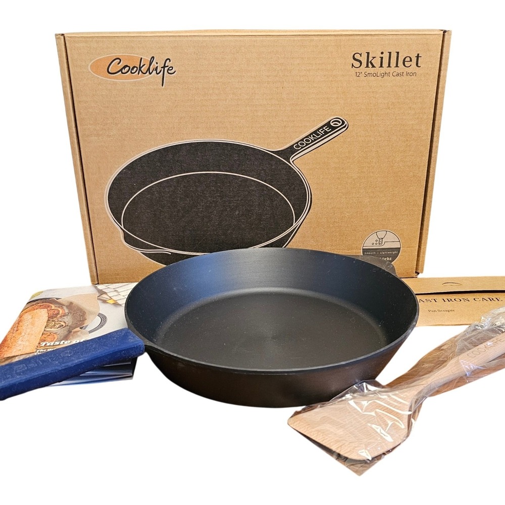Cooklife 12 Inch SmoLight Cast‎ Iron Skillet Set with Care Kit and Spatula Black